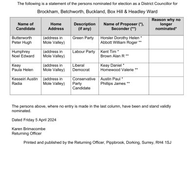 Statement of Persons Nominated - Brockham, Betchworth, Buckland, Box Hill and Headley