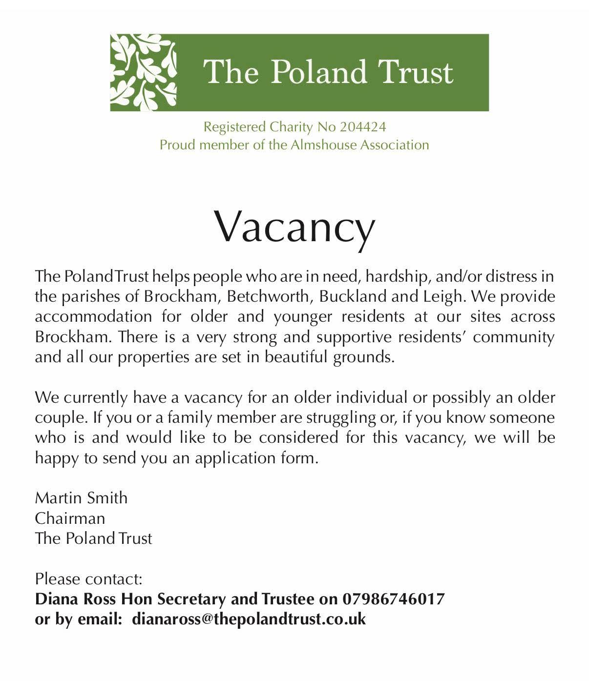 If you would like to live in one of the Poland Trust properties there is a vacancy...